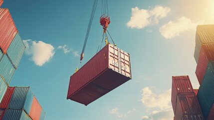 A cargo crane lifts a shipping container against a bright blue sky.