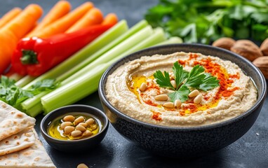 rustic style, roasted garlic hummus served in bowl topped with paprika, flat parsely and roasted pine nuts, served with pita bread, sticks of celery, carrots