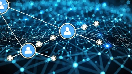 Aufkleber - A digital network displays interconnected user icons, symbolizing social connections. The background glimmers with blue lights, highlighting the vastness of the network.