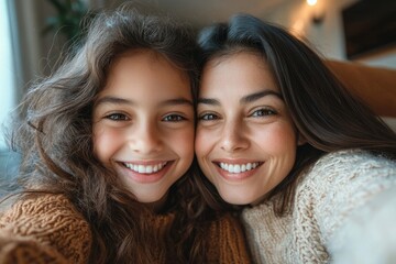 Joyful latin mother and daughter taking selfie while spending time together at home, capturing moments and taking photos for social networks, Generative AI