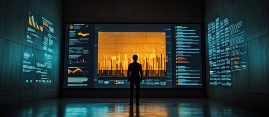 Wall Mural - a man in a dark suit stands in front of a large screen displaying data, charts, and graphs. the scre