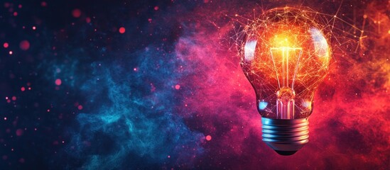 Wall Mural - a glowing light bulb with a web of connections against a blue and red smoke background, representing