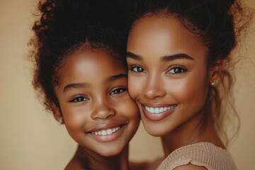 Portrait of cute black girl and her mother hugging and smiling at camera, beige background, healthy united family, mother daughter bonding concept, Generative AI