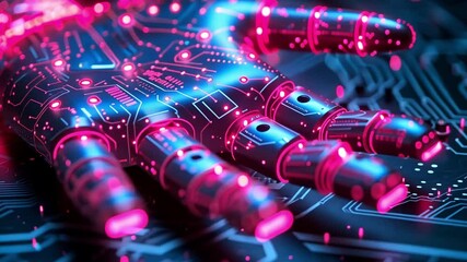 Aufkleber - The image features a highly detailed robotic hand with glowing circuitry, surrounded by a dark, tech-inspired background. Neon colors illuminate the hand, emphasizing its advanced design.