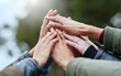© SunriseDon/peopleimages.com - People, group and hands together with community for unity, motivation or mission in nature. Closeup, huddle or team piling or touching for collaboration, coordination or solidarity at outdoor park