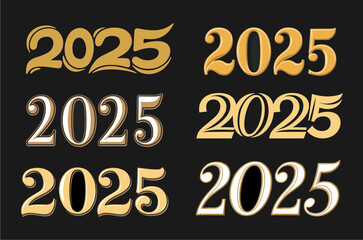 Set of 2025 number in different font styles. 2025 Happy New Year typography logo. Vector monochrome white and gold illustration isolated on black background