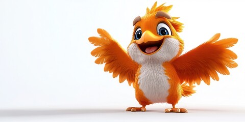 Cheerful cartoon bird with vibrant orange feathers and large eyes, spreading its wings wide on a bright white background.