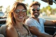 © Raool - Happy European couple going on vacation by car, spouses sitting in their auto, cheerfully smiling and looking at road, Generative AI