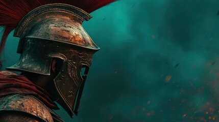 Wall Mural - Medieval spartan warrior in helmet standing in front of the gloomy clouds