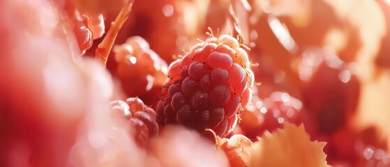 Wall Mural -  A tight shot of raspberries, each adorned with pearls of water droplets atop