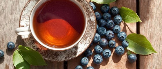 Wall Mural -  A wooden table is adorned with a steaming cup of tea and a vibrant bowl of blueberries, surrounded by lush green foliage