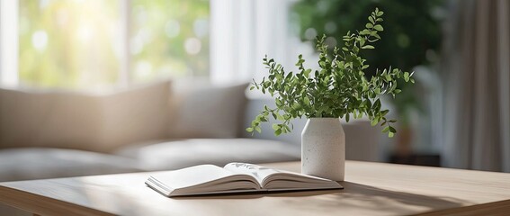 Wall Mural - Minimalist table with a book and a plant in a vase on a blurred living room background, with space for product display presentation