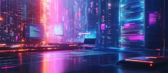 Wall Mural - futuristic server room with glowing lights and digital data patterns.