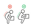 © Iuliia - Posture of spine for lift box, ergonomic work of person, line icon. Lifting weight with correct and incorrect posture. Picking up cargo box. Vector outline illustration