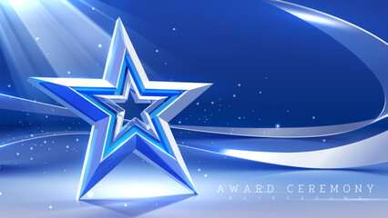 Wall Mural - 3d crystal stars on a blue background decorated with ribbons and spotlights, luxury awards ceremony 