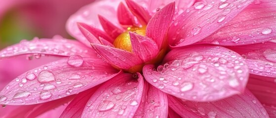 Sticker -  A tight shot of a pink blossom, adorned with pearls of water on its petals In the backdrop, a verdant leaf unfurls