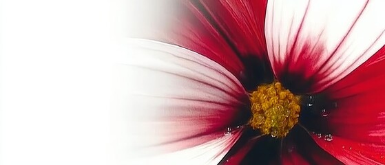 Sticker -  A tight shot of a red-and-white bloom, adorned with dewdrops on its petals and at the flower's heart