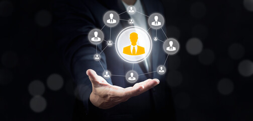 businessman show structure networking of human resources customer relationship management digital ma