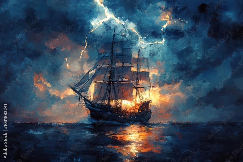 Dramatic maritime painting of a sailing ship navigating through stormy ...