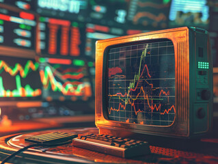 retro television set displays futuristic market predictions with vibrant graphs and data visualizations. nostalgic design contrasts with modern financial environment, evoking curiosity and intrigue