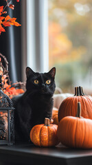 Black Cat with witch hat and pumpkin lanterns, autumn Halloween background
