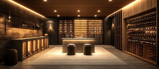 Modern wine cellar with wooden racks, counter, and two stools, illuminated by warm light.