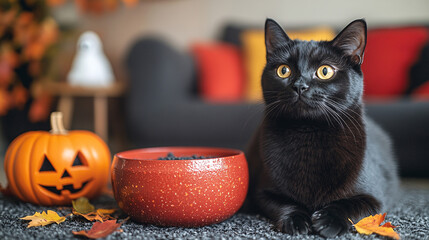 Black Cat with witch hat and pumpkin lanterns, autumn Halloween background
