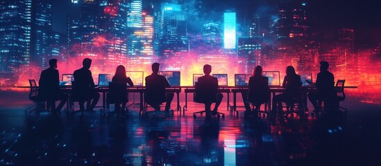 Wall Mural - silhouettes of people working at computers against a backdrop of a vibrant city skyline at night.