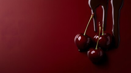 Dark red background, chocolate dripping over cherries on the ground, product photography,