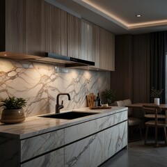 Modern kitchen with marble countertops, black sink, and wooden cabinets.