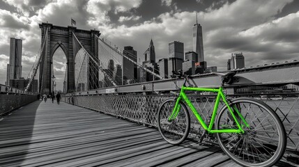 Exploring the Vibrant Contrast of a Green Bicycle Against a Black-and-White Cityscape A Visual Journey Across the Brooklyn Bridge