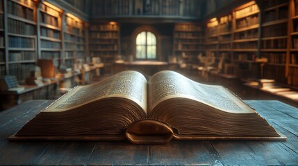 Wall Mural - 3d rendering of an open book in focus placed on a library table with blurred shelves of books in the