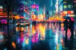 © Thanapong - A city street during a storm, with rain pouring down, people huddled under umbrellas, and reflections of neon lights in the wet pavement, evoking the energy and chaos of urban life in bad weather