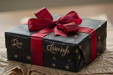 A beautifully wrapped gift with a red ribbon sits on a textured surface during the holiday season, ready for celebration