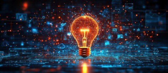 Wall Mural - glowing light bulb in a futuristic digital world.