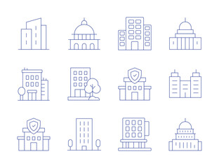 Building icons. Thin Line style, editable stroke. insurance, office, capitol, company, flat, government, hotel, building, buildings