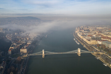 view of Budapest on the Danube on a foggy day