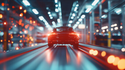 sleek car moves through modern warehouse, illuminated by vibrant lights and reflections. dynamic scene captures essence of speed and innovation in industrial setting