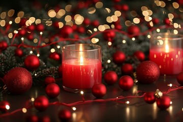 Warm and festive holiday ambiance with candles, red ornaments, and twinkling lights on a dark surface during the winter season