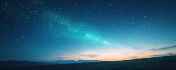 breathtaking view of starry night sky over wide grassland, with twinkling stars and soft gradient of