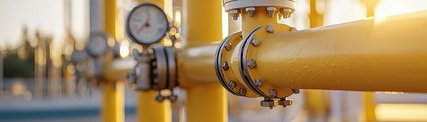 yellow industrial piping with pressure gauges under warm sunlight.