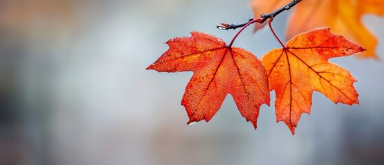  A tight shot of two leaves, adorned with water droplets, on a branch against a hazy backdrop