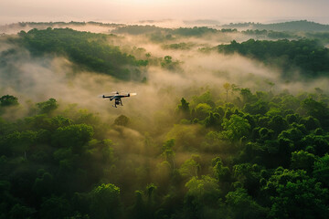 Drone flying in the sky over nature during observation