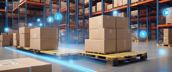 Smart warehouse management system using augmented reality technology to identify package picking and delivery. Future concept of supply chain and logistic business, An abstract digital background