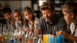 © Po - Teacher and children engaged in a science lab experiment with colorful liquids. Education, curiosity, and learning in a classroom setting.