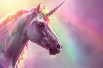 Fantastically beautiful mythological pink unicorn with long horn