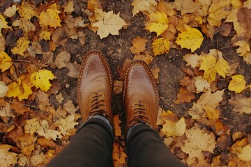 A pair of brown boots on a path covered with autumn leaves.