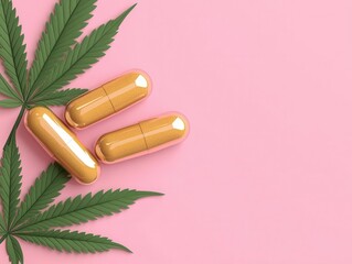 A flat lay of cannabis leaves and golden capsules on a pink background, symbolizing natural supplements or health products.