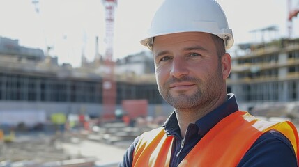 A confident male construction worker in safety gear poses at a construction site, showcasing professionalism and dedication to his craft on a sunny day.