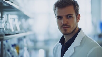 A young European male scientist poses in a modern laboratory, showcasing determination and professionalism. The setting features scientific glassware